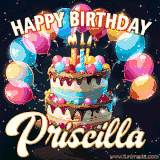 Bright birthday animation for Priscilla with a chocolate cake, candles, balloons, and glowing celebratory lights.