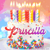 A cheerful white birthday cake with multicolor sprinkles, lit candles, and 'Priscilla' written in vibrant letters, in an animated GIF.