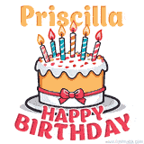 Cartoon birthday cake with a red bow, glowing candles, and 'Priscilla Happy Birthday' text in bold animated style.