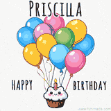 An adorable and cute cupcake with a smiley face and moving colorful balloons create a joyful birthday greeting for Priscilla in this cheerful animated greeting E-card.