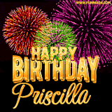 A golden 'Happy Birthday Priscilla' message with vibrant fireworks in the background, creating a festive and celebratory vibe in this animated name GIF.