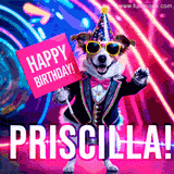Animated GIF of a cool dog wearing a suit and sunglasses, holding a 'Happy Birthday' sign for Priscilla, set against a bright and colorful neon party background.
