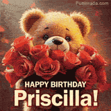 Cinematic style cute animated teddy bear with charming features holding a large bouquet of red roses, the words say 'Happy Birthday Priscilla' in sans serif font.