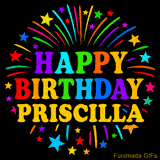 Personalized greeting card with name, colorful text that says 'Happy Birthday Priscilla' surrounded by animated fireworks and multicolor stars