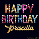 Vibrant luxury birthday greeting card for Priscilla, showing glittering gemstone letters and golden calligraphy on a dark background with twinkling shine effects.
