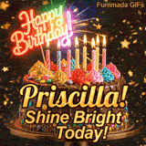 Shimmering animated card featuring a detailed chocolate cake and the name Priscilla for her birthday celebration.