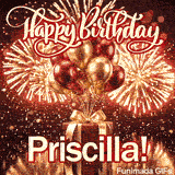 Shimmering animated card featuring spectacular golden fireworks and the name Priscilla for her birthday celebration.