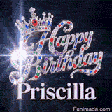 An animated birthday card with a sparkly silver tiara and colorful gemstones, custom-made for Priscilla.