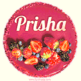 Beautifully decorated red velvet berry birthday cake with vibrant fruits and a glowing 'Prisha' name, adding a touch of sweetness and sparkle.