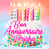A white birthday cake covered in colorful sprinkles, topped with bright candles, and French text 'Bon Anniversaire Prisha' on a pastel gradient background in an animated GIF.