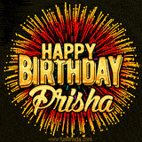Golden 'Happy Birthday Prisha' text accompanied by animated rainbow fireworks for a festive animated greeting.