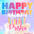 Animated Happy Birthday Cake with Name Priska and Burning Candles