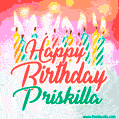 Happy Birthday GIF for Priskilla with Birthday Cake and Lit Candles