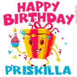 A vibrant and funny gift box character with a happy face dancing with a cupcake and the text 'Happy Birthday Priskilla,' surrounded by animated confetti and party vibes.