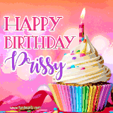 A vibrant birthday GIF featuring a rainbow-colored cupcake topped with white frosting, sprinkles, and a lit candle. The text reads 'Happy Birthday Prissy' in bold pink and violet letters with white outline.