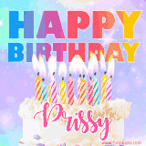 A vibrant animated name GIF with the words 'Happy Birthday Prissy' with colorful candles on a creamy cake. The background sparkles with pastel shades, adding a festive touch.