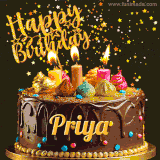 A delightful chocolate birthday cake with bright candles and 'Happy Birthday Priya' written in gold amidst a shower of animated stars.