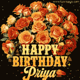 Animated bouquet of orange roses with moving butterfles and golden 'Happy Birthday Priya' text, surrounded by sparkling accents and a dark backdrop for a luxurious feel.