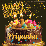 A delightful chocolate birthday cake with bright candles and 'Happy Birthday Priyanka' written in gold amidst a shower of animated stars.