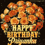 Animated bouquet of orange roses with moving butterfles and golden 'Happy Birthday Priyanka' text, surrounded by sparkling accents and a dark backdrop for a luxurious feel.