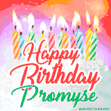 Bright birthday candles with rainbow flames on a cake, alongside the text 'Happy Birthday Promyse' in vibrant script in this celebratory animated GIF.
