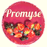 Beautifully decorated red velvet berry birthday cake with vibrant fruits and a glowing 'Promyse' name, adding a touch of sweetness and sparkle.