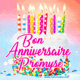 A white birthday cake covered in colorful sprinkles, topped with bright candles, and French text 'Bon Anniversaire Promyse' on a pastel gradient background in an animated GIF.