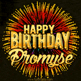 Golden 'Happy Birthday Promyse' text accompanied by animated rainbow fireworks for a festive animated greeting.
