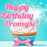 A festive cupcake with pink icing, a gingham bow, and a lit animated sparkler, paired with 'Happy Birthday Promyse!' in bright pink text.