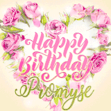 A stunning heart made of pink roses surrounds the elegant script text 'Happy Birthday Promyse' on a soft beige background. Animated sparkles add a magical and festive feel.