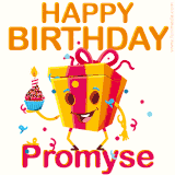 A vibrant and funny gift box character with a happy face dancing with a cupcake and the text 'Happy Birthday Promyse,' surrounded by animated confetti and party vibes.