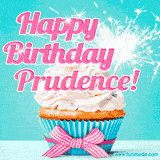 A festive cupcake with pink icing, a gingham bow, and a lit animated sparkler, paired with 'Happy Birthday Prudence!' in bright pink text.
