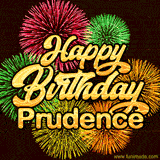 Golden text reading 'Happy Birthday Prudence' surrounded by vibrant fireworks in red, green, and yellow, set against a dark background in this celebratory birthday GIF.