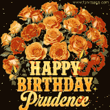 Animated bouquet of orange roses with moving butterfles and golden 'Happy Birthday Prudence' text, surrounded by sparkling accents and a dark backdrop for a luxurious feel.