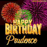 A golden 'Happy Birthday Prudence' message with vibrant fireworks in the background, creating a festive and celebratory vibe in this animated name GIF.