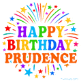 Happy Birthday Prudence' GIF with rainbow-colored letters, colorful stars, and fireworks on white background.