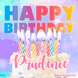 A vibrant animated name GIF with the words 'Happy Birthday Prudence' with colorful candles on a creamy cake. The background sparkles with pastel shades, adding a festive touch.