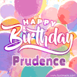 A vibrant name GIF featuring colorful balloons in shades of pink, orange, and yellow with the bold text 'Happy Birthday Prudence' in festive fonts, creating a lively birthday vibe.
