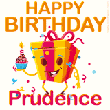 A vibrant and funny gift box character with a happy face dancing with a cupcake and the text 'Happy Birthday Prudence,' surrounded by animated confetti and party vibes.