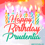 Bright birthday candles with rainbow flames on a cake, alongside the text 'Happy Birthday Prudentia' in vibrant script in this celebratory animated GIF.