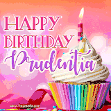 A vibrant birthday GIF featuring a rainbow-colored cupcake topped with white frosting, sprinkles, and a lit candle. The text reads 'Happy Birthday Prudentia' in bold pink and violet letters with white outline.