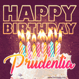 A colorful birthday cake topped with lit candles, with the words 'Happy Birthday Prudentia' in bold glowing letters on a burgundy background. Animated flames add a festive touch.