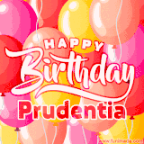 A vibrant name GIF featuring colorful balloons in shades of pink, orange, and yellow with the bold text 'Happy Birthday Prudentia' in festive fonts, creating a lively birthday vibe.