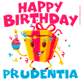 A vibrant and funny gift box character with a happy face dancing with a cupcake and the text 'Happy Birthday Prudentia,' surrounded by animated confetti and party vibes.