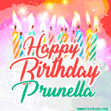 Bright birthday candles with rainbow flames on a cake, alongside the text 'Happy Birthday Prunella' in vibrant script in this celebratory animated GIF.