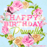 A charming animated GIF featuring 'Happy Birthday Prunella' in pink and green text, surrounded by delicate roses, leaves, and fluttering butterflies on a soft light blue pastel background.
