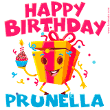 A vibrant and funny gift box character with a happy face dancing with a cupcake and the text 'Happy Birthday Prunella,' surrounded by animated confetti and party vibes.