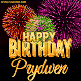 A golden 'Happy Birthday Prydwen' message with vibrant fireworks in the background, creating a festive and celebratory vibe in this animated name GIF.