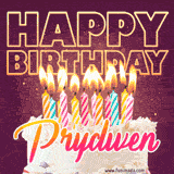 A colorful birthday cake topped with lit candles, with the words 'Happy Birthday Prydwen' in bold glowing letters on a burgundy background. Animated flames add a festive touch.