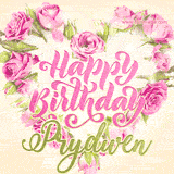 A stunning heart made of pink roses surrounds the elegant script text 'Happy Birthday Prydwen' on a soft beige background. Animated sparkles add a magical and festive feel.